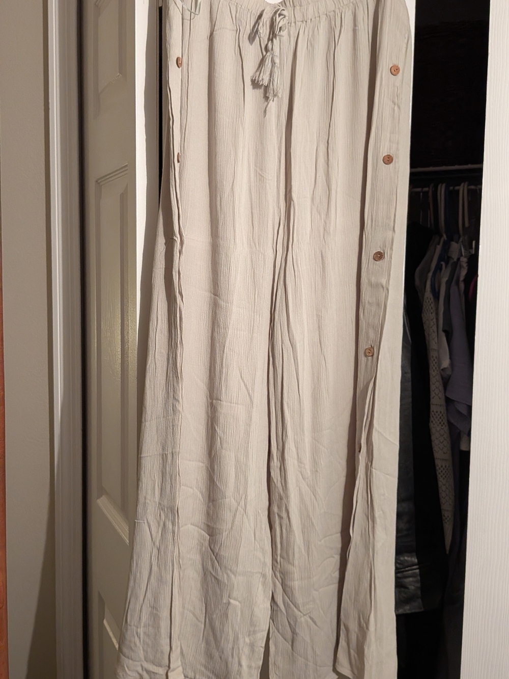 Lightweight Sage Green Flowy Beachy Pants That Button Down The Sides